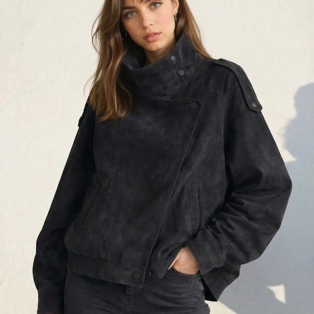 Stylish Women's Fall & Winter Streetwear Motorcycle Jacket - Casual Leather-Look Long Sleeve with Unique Asymmetrical Design and Stand Collar, Available in Multiple Colors
