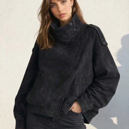Stylish Women's Fall & Winter Streetwear Motorcycle Jacket - Casual Leather-Look Long Sleeve with Unique Asymmetrical Design and Stand Collar, Available in Multiple Colors