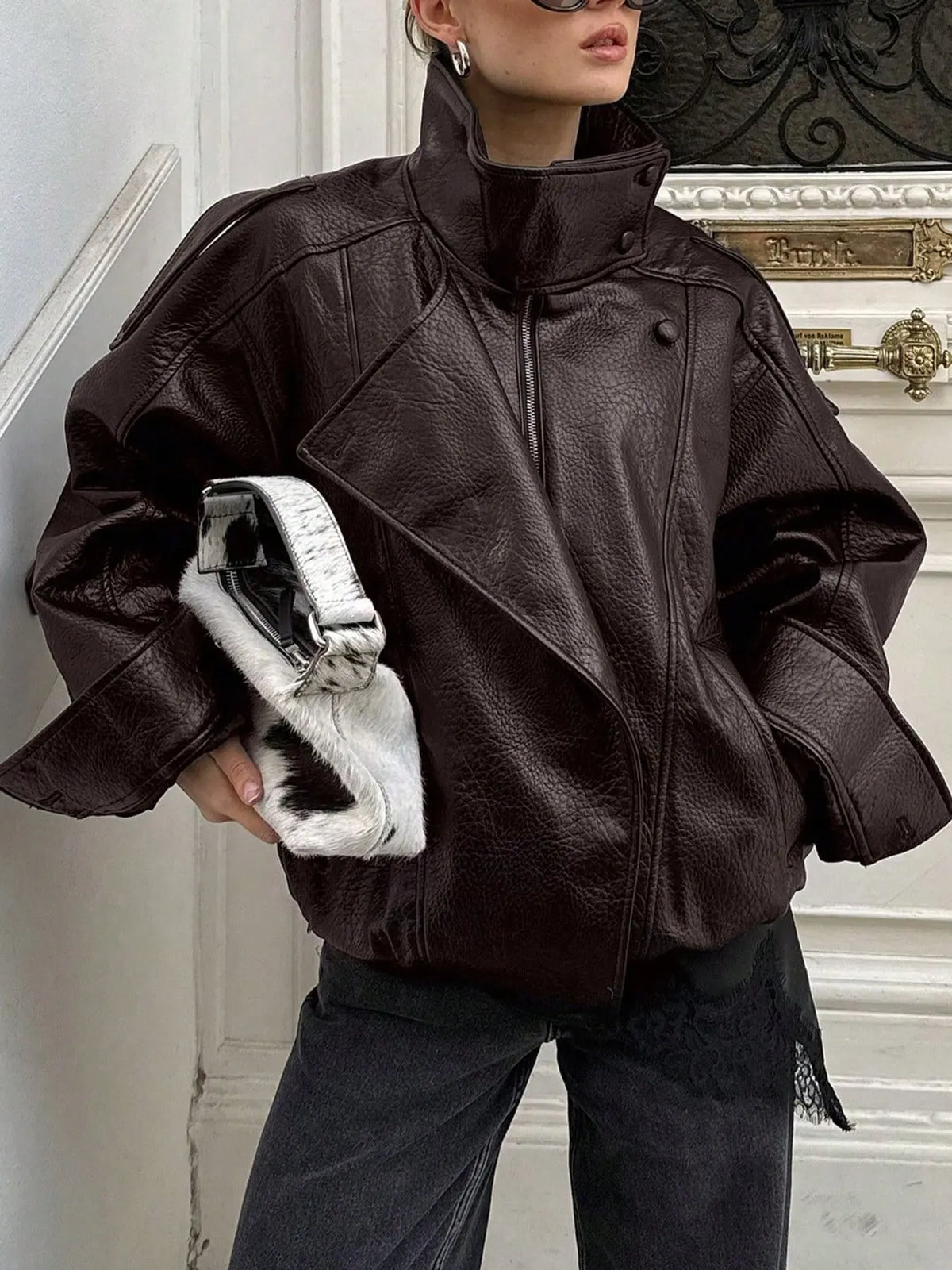 Stylish Women's Fall & Winter Streetwear Motorcycle Jacket - Casual Leather-Look Long Sleeve with Unique Asymmetrical Design and Stand Collar, Available in Multiple Colors