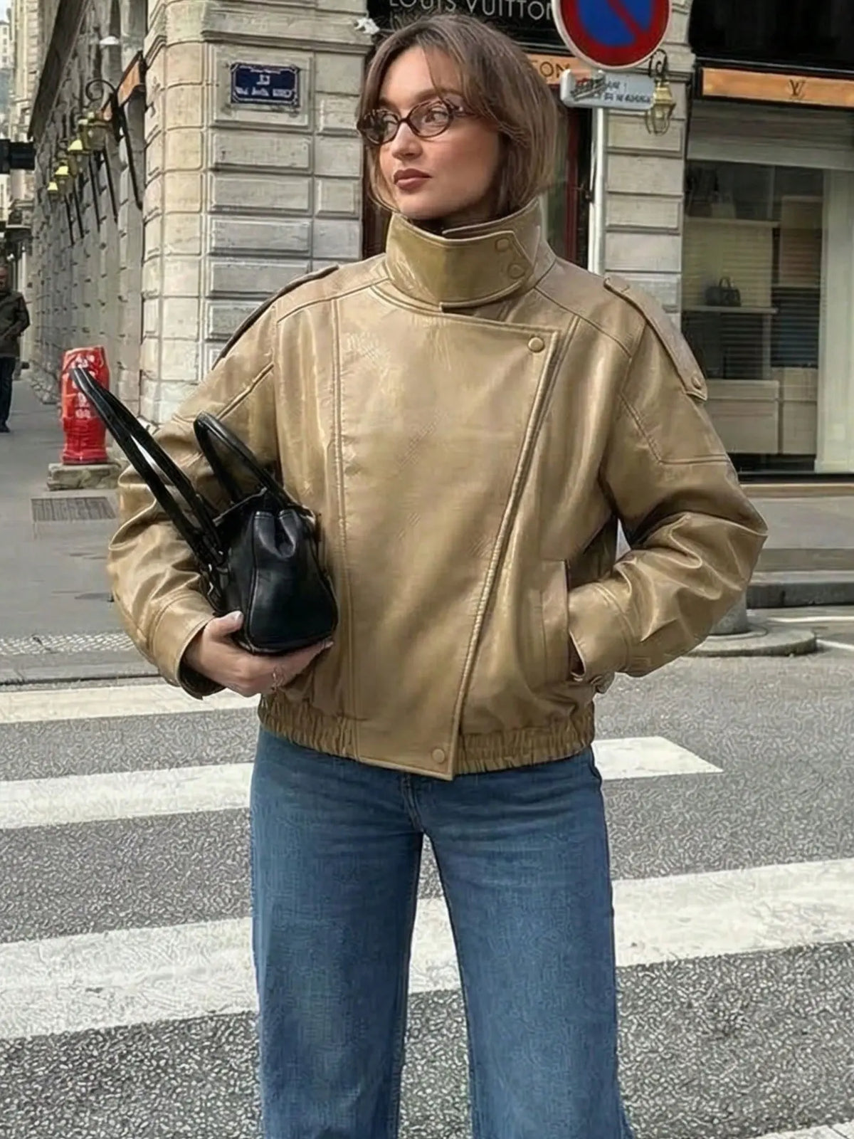 Stylish Women's Fall & Winter Streetwear Motorcycle Jacket - Casual Leather-Look Long Sleeve with Unique Asymmetrical Design and Stand Collar, Available in Multiple Colors