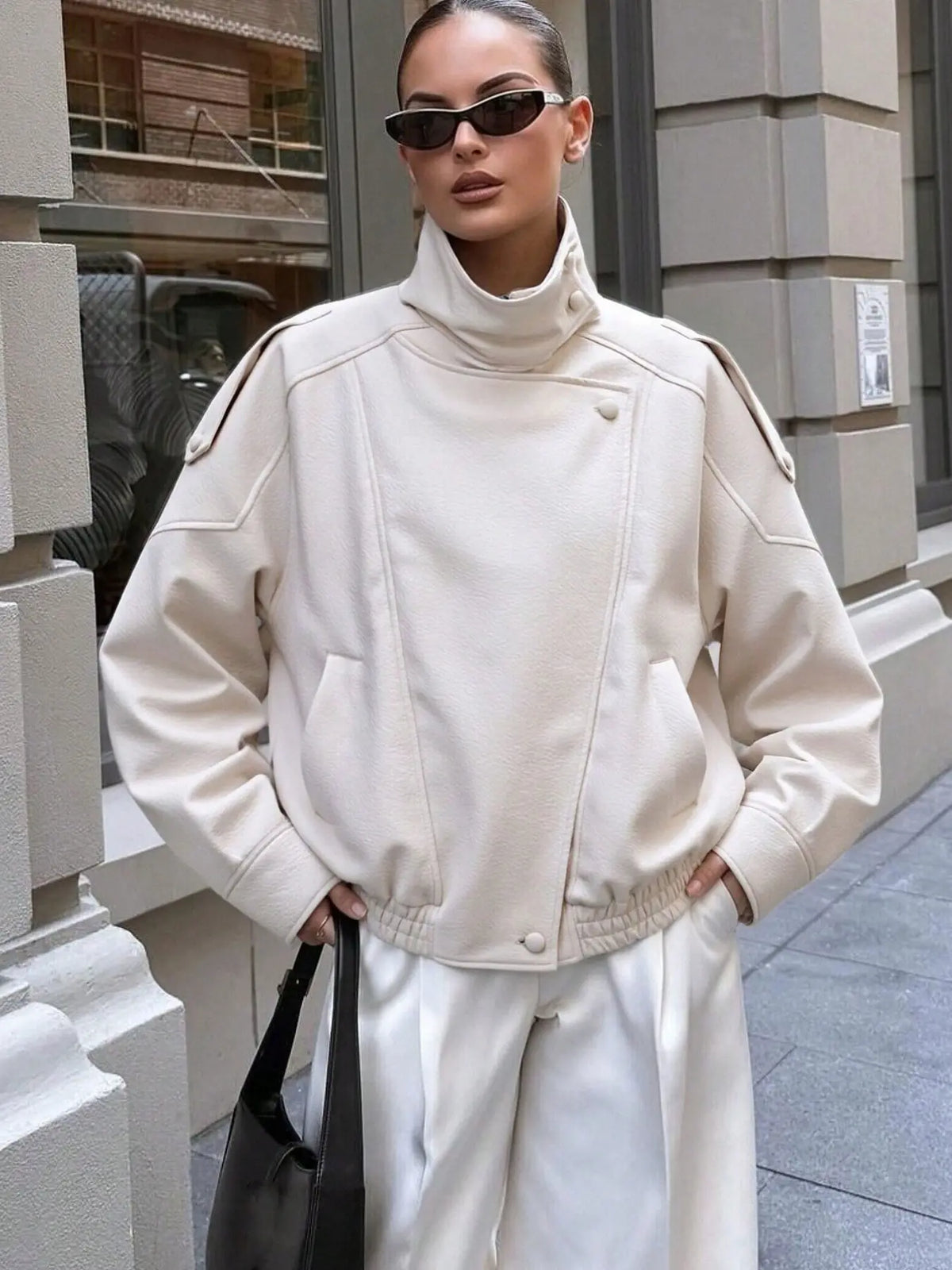 Stylish Women's Fall & Winter Streetwear Motorcycle Jacket - Casual Leather-Look Long Sleeve with Unique Asymmetrical Design and Stand Collar, Available in Multiple Colors