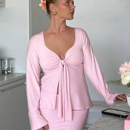 Women'S Solid Knot Front Split Hem Tee, Casual Chic Basic Feminine Long Sleeve Sweetheart Neck T-Shirt for Fall, Women'S Clothing for Daily Wear Top