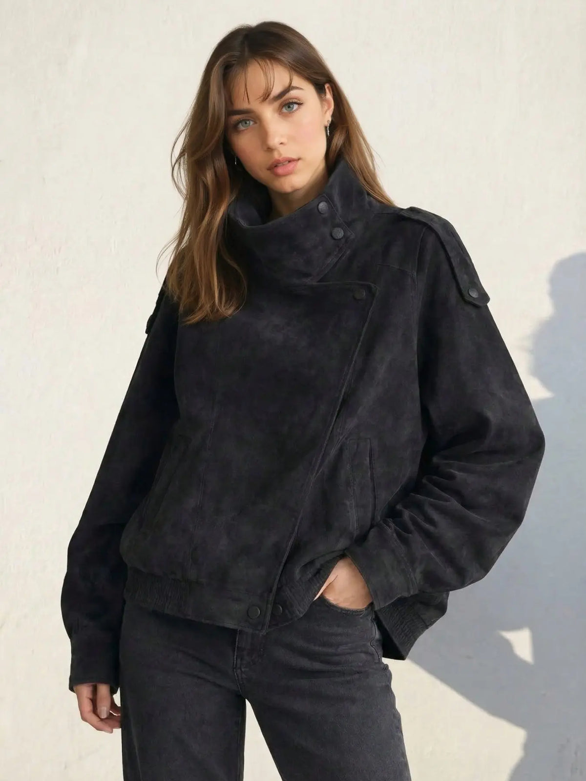 Stylish Women's Fall & Winter Streetwear Motorcycle Jacket - Casual Leather-Look Long Sleeve with Unique Asymmetrical Design and Stand Collar, Available in Multiple Colors