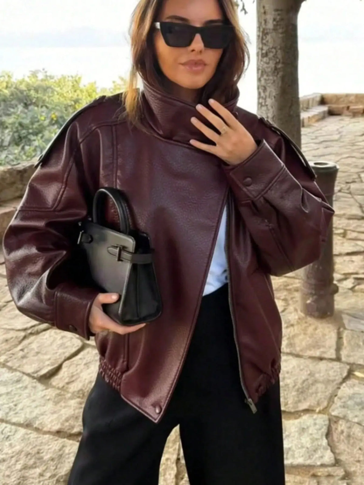 Stylish Women's Fall & Winter Streetwear Motorcycle Jacket - Casual Leather-Look Long Sleeve with Unique Asymmetrical Design and Stand Collar, Available in Multiple Colors