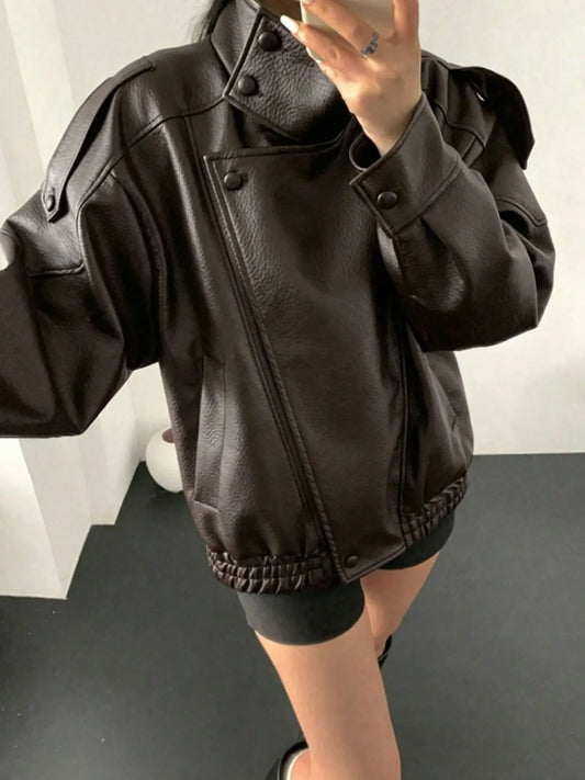 Stylish Women's Fall & Winter Streetwear Motorcycle Jacket - Casual Leather-Look Long Sleeve with Unique Asymmetrical Design and Stand Collar, Available in Multiple Colors
