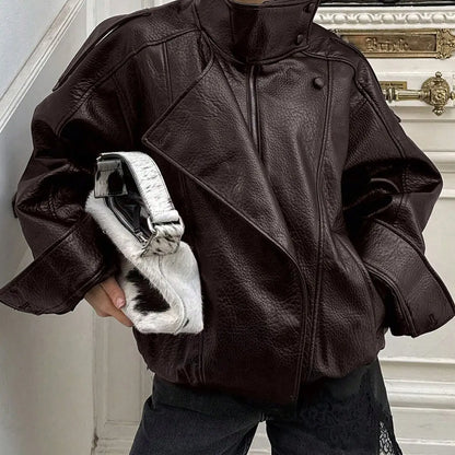 Stylish Women's Fall & Winter Streetwear Motorcycle Jacket - Casual Leather-Look Long Sleeve with Unique Asymmetrical Design and Stand Collar, Available in Multiple Colors