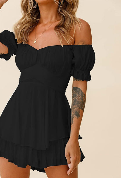 Chic Women’s Boho Off-Shoulder Ruffle Romper - Perfect for Summer Parties and Casual Outings