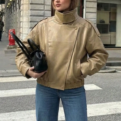 Stylish Women's Fall & Winter Streetwear Motorcycle Jacket - Casual Leather-Look Long Sleeve with Unique Asymmetrical Design and Stand Collar, Available in Multiple Colors