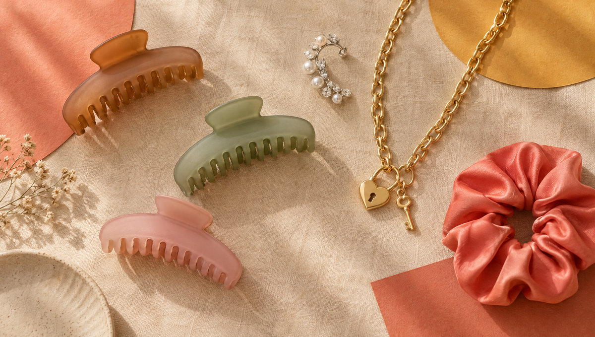 Hair claw clips, pearl ear cuff and heart lock necklace flat lay