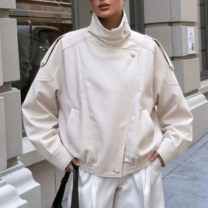 Stylish Women's Fall & Winter Streetwear Motorcycle Jacket - Casual Leather-Look Long Sleeve with Unique Asymmetrical Design and Stand Collar, Available in Multiple Colors
