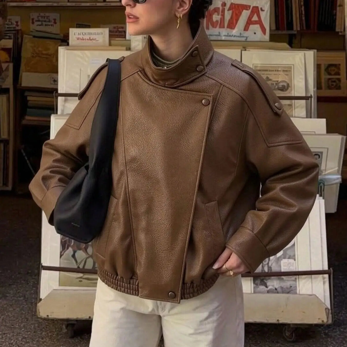 Stylish Women's Fall & Winter Streetwear Motorcycle Jacket - Casual Leather-Look Long Sleeve with Unique Asymmetrical Design and Stand Collar, Available in Multiple Colors