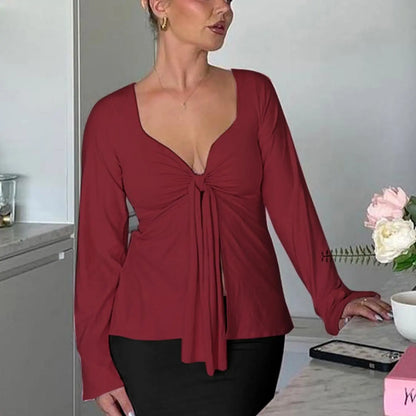 Women'S Solid Knot Front Split Hem Tee, Casual Chic Basic Feminine Long Sleeve Sweetheart Neck T-Shirt for Fall, Women'S Clothing for Daily Wear Top