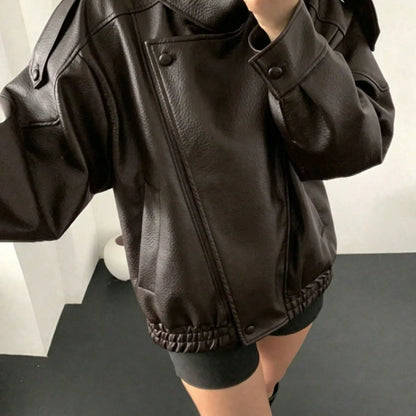 Stylish Women's Fall & Winter Streetwear Motorcycle Jacket - Casual Leather-Look Long Sleeve with Unique Asymmetrical Design and Stand Collar, Available in Multiple Colors