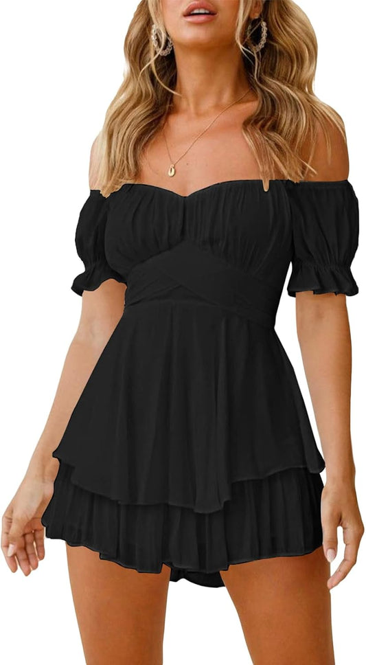 Chic Women’s Boho Off-Shoulder Ruffle Romper - Perfect for Summer Parties and Casual Outings